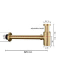 Brass Round Bottle P Trap For Basin Sinks, Adjustable Height Waste Drain Tube Kit In Brushed Gold Finish with dimensions