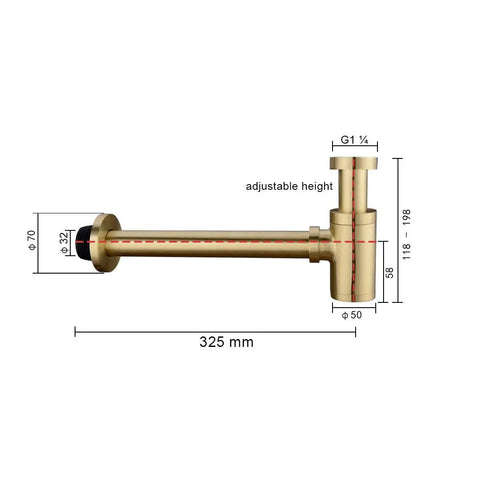 Brass Round Bottle P Trap For Basin Sinks, Adjustable Height Waste Drain Tube Kit In Brushed Gold Finish with dimensions