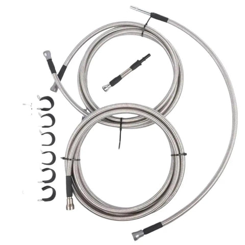 Premium Diesel Fuel Line Kit For Chevy Silverado 2500 3500 HD And GMC Sierra 2500 3500 HD Truck Models Year 2004 Through 2010 With 6.6L V8 Engine Super Durable Performance Replacement Part That Keeps Your Rig Running Awesome. braided silver fuel lines with fittings and clips