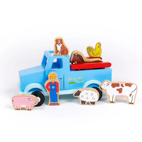 Down on the Farm Magnetic Truck Playset With 7 Barnyard Figures, Old School Wooden Pickup for Screen Free Imaginative Play