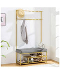 Heavy Duty Entryway Coat Rack And Hall Tree With Bench showcasing a steel frame, sponge seat, and shoe storage.