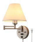 Swing Arm Wall Lamp With Plug In Design Dimmable Light USB Charging Port White Fabric Shade Nickel Finish Ideal For Bedside