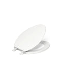 Toilet Seat With Color Matched Hinges And Compression Molded Wood For Traditional Bathrooms, open with white hinges