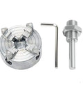Shop Tough Zinc Alloy Four Jaw Self Centering Wood Turning Chuck Kit Includes Dead Accurate Connecting Rod And Grip Tight Clamping Accessory For Mini Metal Lathe, showing chuck, connecting rod, and tool.