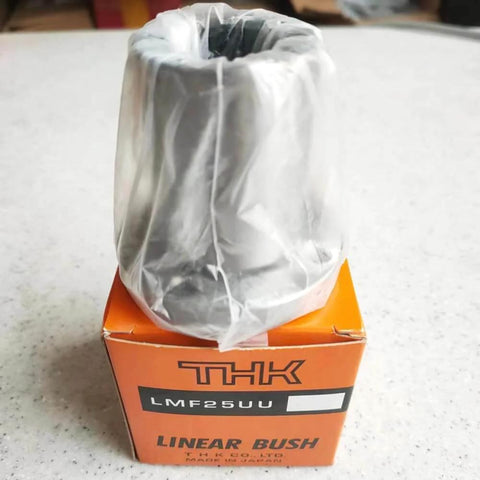 Flanged Linear Bearing Bushing LMF25UU Chrome Steel SAE 52100 with rubber sealed closure, packaged on a box, for precision linear motion