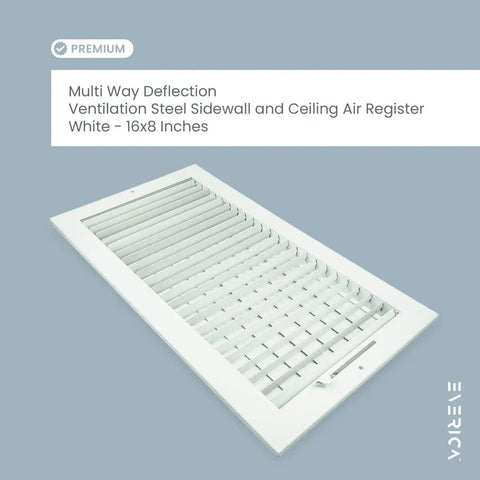 16x8 All Steel Adjustable AC Heating HVAC Vent Air Register Diffuser For Ceiling Or Wall Installation White Finish