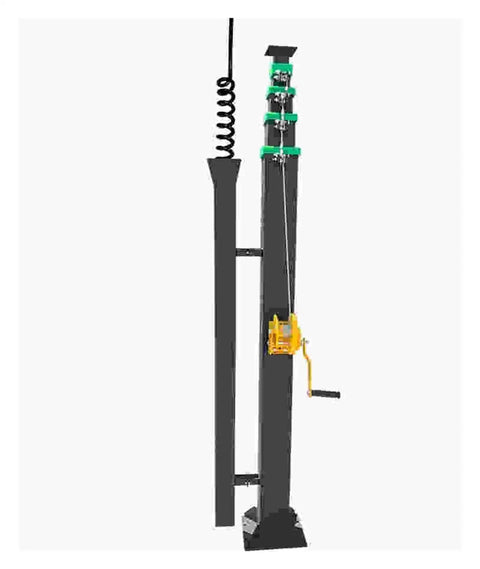 Heavy Duty Telescopic Hand Lift Pole That Cranks Up To Eight Meters Featuring Thick Alloy Frame and No Sweat Height Locks for Dead Simple Job Site Setup.