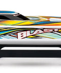 Side view of Beast Speed RC Blast Race Boat with waterproof electronics and colorful graphics on display stand.