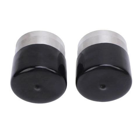 Two Trailer Wheel Bearing Protector Shield 1.980 Inch Diameter Stainless Steel Hub Bearing Covers with black caps, dual side reinforced.