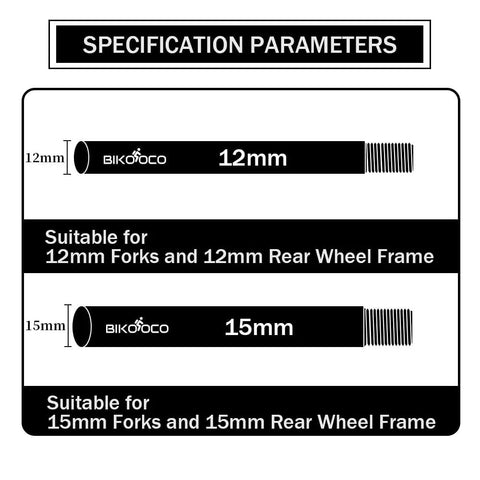 Specification diagram for Lightweight Bike Wheel Hub Adapter Booster Fork for Quick Release, showing 12mm and 15mm compatibility.
