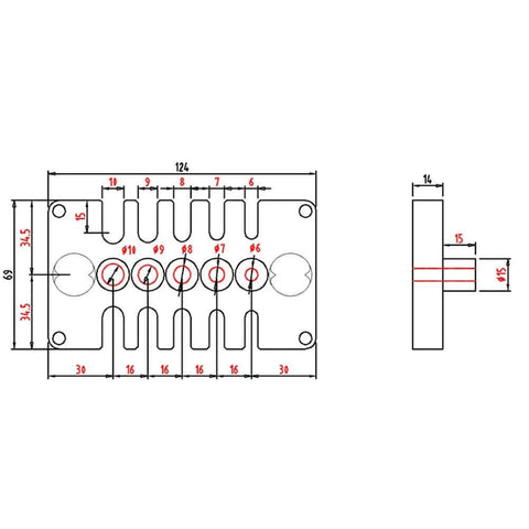 Technical diagram of 3 In 1 Woodworking Drill Guide And Punch Positioner With Pro Grade Precision Aluminum Alloy Dowel Jig, dimensions labeled