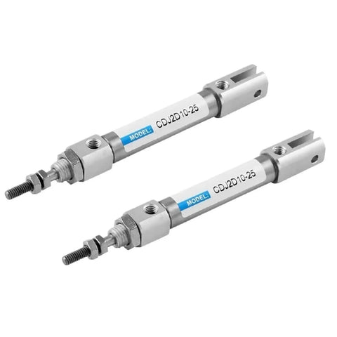 Go-To Mini Pneumatic Cylinder Double Acting Single Rod With Double Clevis And Pins, 16mm Bore, Stroke 5 To 200mm, Compact Air Cylinder For Automation And CNC Projects, Smooth Travel, Durable Aluminum Body, shown with threaded rod end