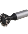 Front view of 18mm HSS dovetail cutter with 45° double-edged teeth and metal shank