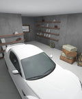 Garage interior with grey concrete texture peel and stick wallpaper 16x708 inch, shelves, and a white car
