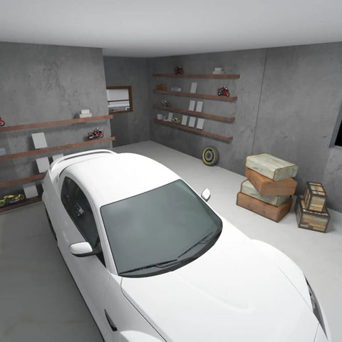 Garage interior with grey concrete texture peel and stick wallpaper 16x708 inch, shelves, and a white car