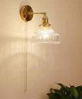Wall Sconce Lights Indoor Bedroom Hallway Vintage Glass with Pull Chain,Industrial Adjustable Fixture,Brass Lamp for Living Room,E27 Base with clear glass shade and pull chain switch.