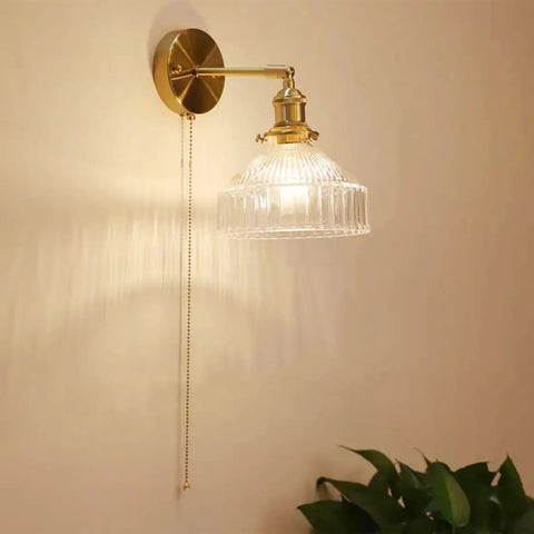 Wall Sconce Lights Indoor Bedroom Hallway Vintage Glass with Pull Chain,Industrial Adjustable Fixture,Brass Lamp for Living Room,E27 Base with clear glass shade and pull chain switch.