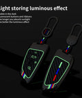 BMW Carbon Fiber Key Fob Cover Case With Metal Shell For 5 6 7 Series And X1 X2 X3 X5 X6 X7 Gunmetal 360 Degree Protection showcasing luminous effect.
