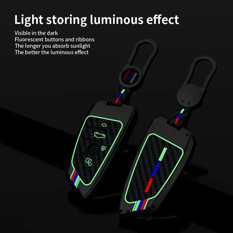 BMW Carbon Fiber Key Fob Cover Case With Metal Shell For 5 6 7 Series And X1 X2 X3 X5 X6 X7 Gunmetal 360 Degree Protection showcasing luminous effect.