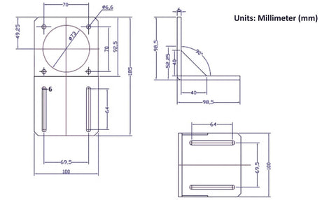 Front and side views of a Nema 23 stepper motor mounting bracket with screws, 57mm L-type fixed seat