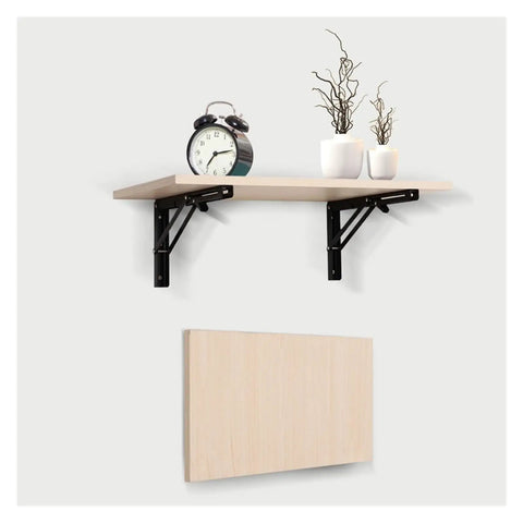Two Pack Triangle Wall Brackets for Adjustable Mounts, Heavy Duty Stainless Steel Table and Shelf Support Hardware, Foldable Corner Brackets for DIY Furniture, Home Organization, Clean Tidier Look holding wooden shelf with items