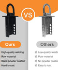 Comparison of black powder-coated and raw metal trailer stake pocket D-ring tie downs