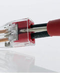 Close-up of SpliceLine In-Line Wire Connector 2-Port Push-In Tech Crimp-Free Solderless Butt Splice with inserted wires