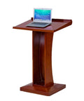 Rock Solid Wood Roll Away Lectern With Plenty Of Storage Space, glides smooth on heavy duty casters, laptop on podium.