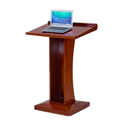 Rock Solid Wood Roll Away Lectern With Plenty Of Storage Space, glides smooth on heavy duty casters, laptop on podium.