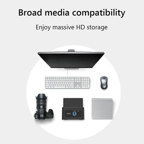 Top Tier Heavy Duty External Hard Drive Case And Docking Station For 2.5 To 3.5 Inch Sata Hard Drives placed near keyboard and monitor.