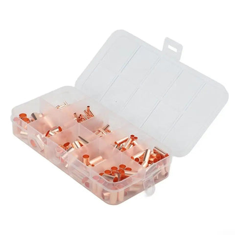 Get Your Hands On 250 Pcs Copper Tube Butt Wire Ferrules With Assorted Sizes From One To Six Millimeter For Crimping Electrical Wiring Terminals In Cars Trucks And Industrial Machinery Kits Stored Neatly. Clear organizer box with copper tube butt wire ferrules, assorted sizes