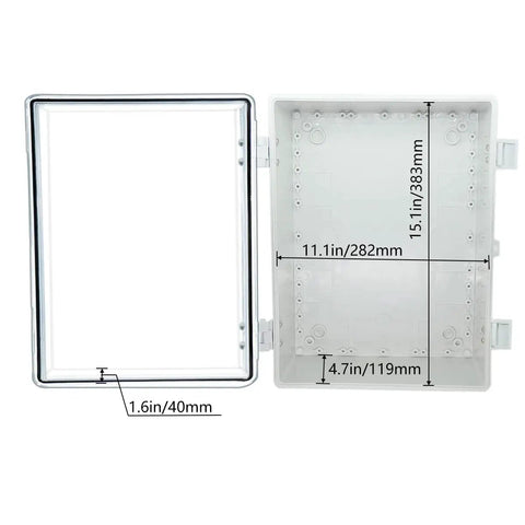 Open view of Outdoor IP65 ABS Plastic Junction Box with clear hinged cover, showing interior dimensions and mounting features.