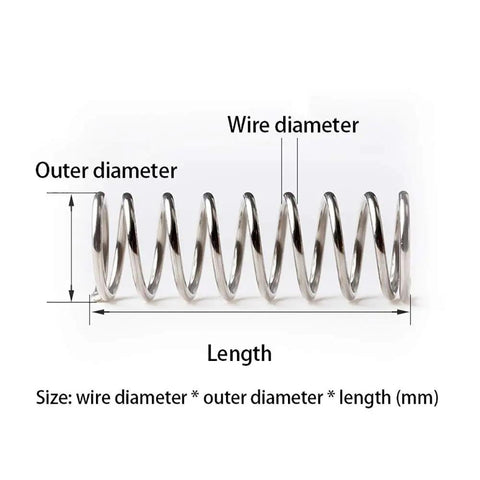 DIY Stainless Steel Compression Springs Kit 304 Grade With 0.8 To 1.0mm Dia And 305mm Length, showing dimensions wire and outer diameter