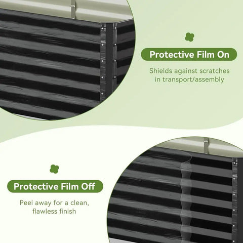 Close-up of 2 Pack Raised Garden Bed 8x4x2ft Galvanized Steel Planter Box Kit with protective film on and off, black finish.