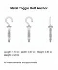 Diagram of hollow wall mounting kit with toggle bolts and drill bit for drywall and ceilings, heavy duty metal anchor set.