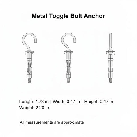 Diagram of hollow wall mounting kit with toggle bolts and drill bit for drywall and ceilings, heavy duty metal anchor set.