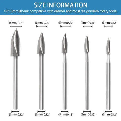 Savage Sharpness Hss Wood Carving Tool Kit For Rotary Tool With Five Precision Drill Bits, size info and compatibility details.