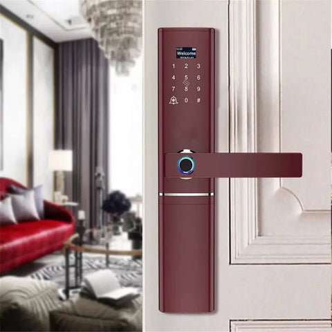 Knockout Biometric Fingerprint Door Lock With Slick Touch Screen Passcode Keyless Entry Crafted From Durable Stainless Steel Gray Body in a modern home setting.