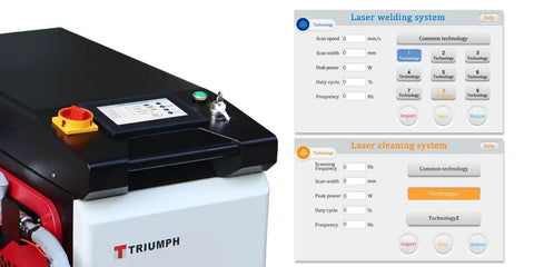Control panel of Straight Up Heavy Duty 2000W 4 In 1 Integrated Fiber Laser Welder with laser settings display.