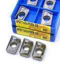 10pcs APKT/APGT carbide milling inserts in blue plastic case; front view shows square silver inserts with centered hole.