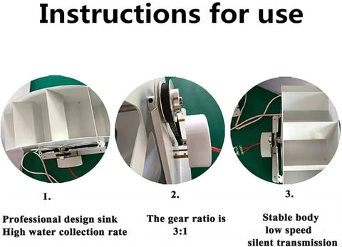 Close-up of Outdoor 100W Water Wheel Turbine Generator focusing on design, gear ratio, and stability in white durable steel frame
