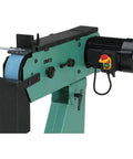 Heavy Duty 4 HP Metal Belt Sander and Grinder with 3x79 Inch Abrasive Belt 220V 3 Phase Motor showing control panel and belt.