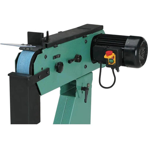 Heavy Duty 4 HP Metal Belt Sander and Grinder with 3x79 Inch Abrasive Belt 220V 3 Phase Motor showing control panel and belt.