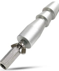 Built Tough End Connector For Reciprocating Linear Actuators Aluminum Alloy And Stainless Steel M8 Thread 2 Point 5 Cm Diameter 14 Point 2 Cm Tall Industrial Grade DIY Friendly Silver, angled view