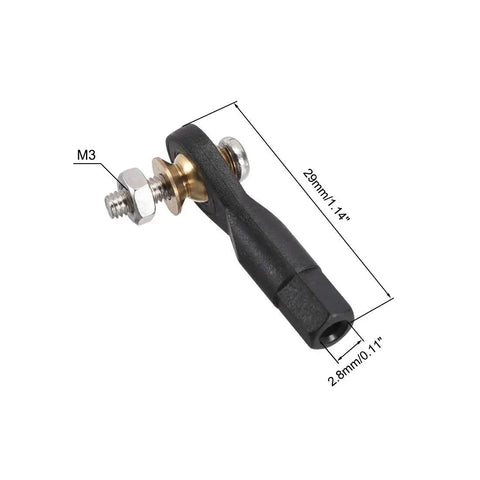 Ten Pack M3 Ball End Tie Rod Ends 3x29mm lever steering linkages with screws and nut, side view, for RC planes, helicopters, and robots.