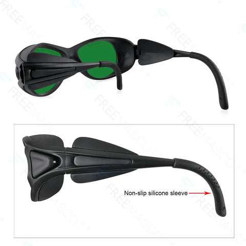 Top Shelf Pro Grade Dual Band Laser Safety Glasses With Heavy Duty Optical Density Shielding For Violet Red And Infrared Lasers side view with non-slip silicone sleeve.