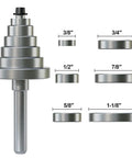 Knockout Quality 1/2 Inch Shank Rabbet Router Bit Set With Six Interchangeable Depth Bearings And Precision Carbide Cutters showing six depth rings.