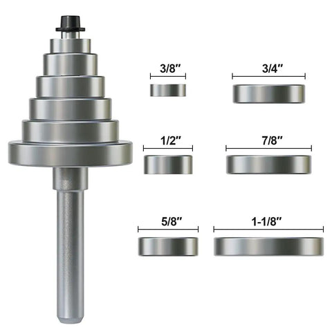 Knockout Quality 1/2 Inch Shank Rabbet Router Bit Set With Six Interchangeable Depth Bearings And Precision Carbide Cutters showing six depth rings.