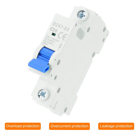 Four Pack 1P 20A 110V Miniature Circuit Breaker DZ47-63 DIN Rail Mount Disconnect Switch With Thermal Magnetic Trip For Short Circuit And Overload Protection Blue