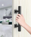 2 Pack 12 Inch Barn Door Handles With No Gap Flat Plate Design Heavy Duty Square Matte Black Sliding Barn Door Pull Handles Easy To Install Upgrade Back Plate Welded For Seamless Fit installed view